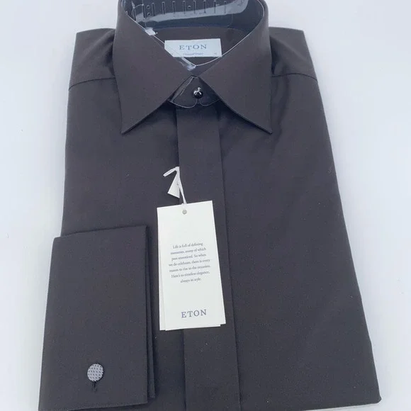 Eton Dress Shirt Men's 15-38 Black Fine Twill Stretch Contemporary Fit Button Up